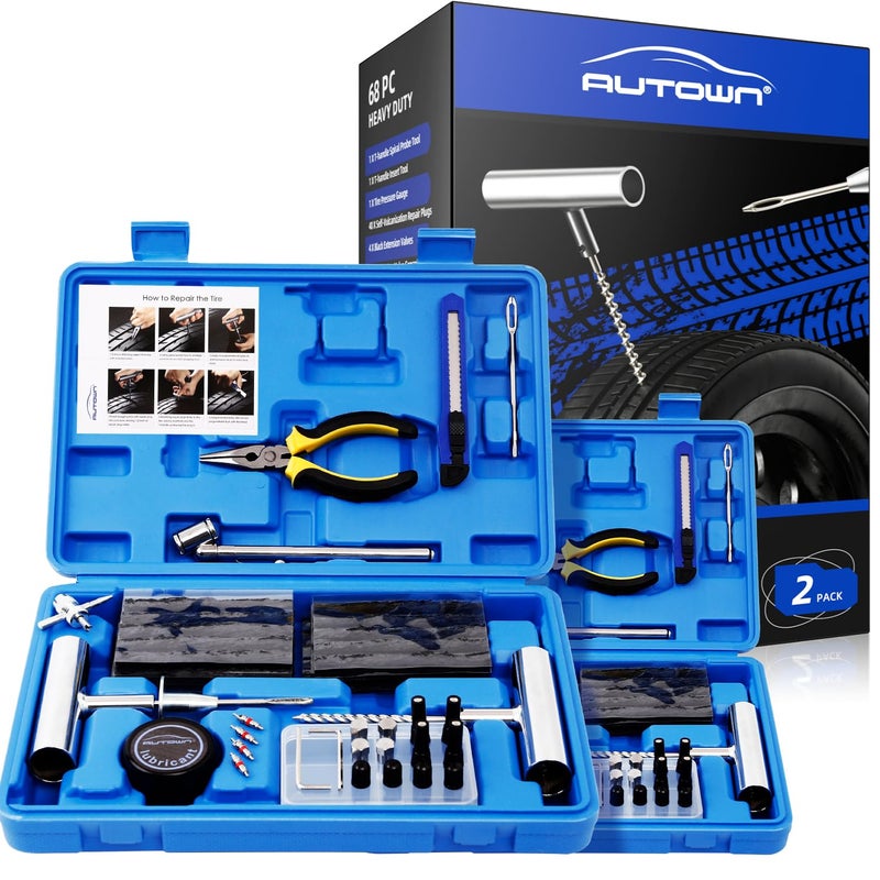 AUTOWN Flat Tire Repair Kit with Plug 68 Pcs for Car  Motorcycle  ATV  Jeep  Truck  Tractor Flat Tire Repair (2-Pack) (Set of 2-68pcs) - Image 1